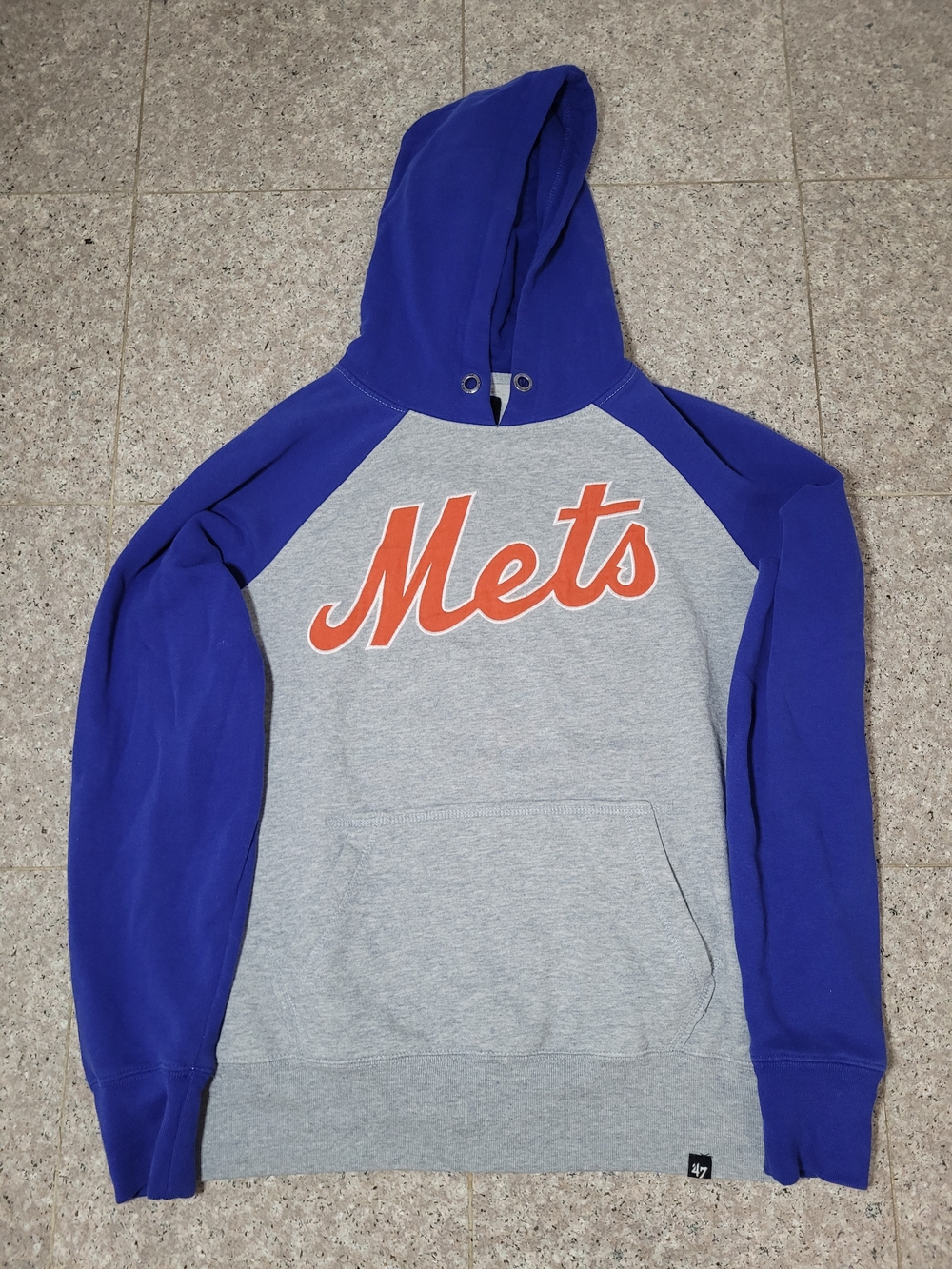 47 Brand Mets Raglan Hoodie - Gray & Royal Blue with Orange Script Size Medium